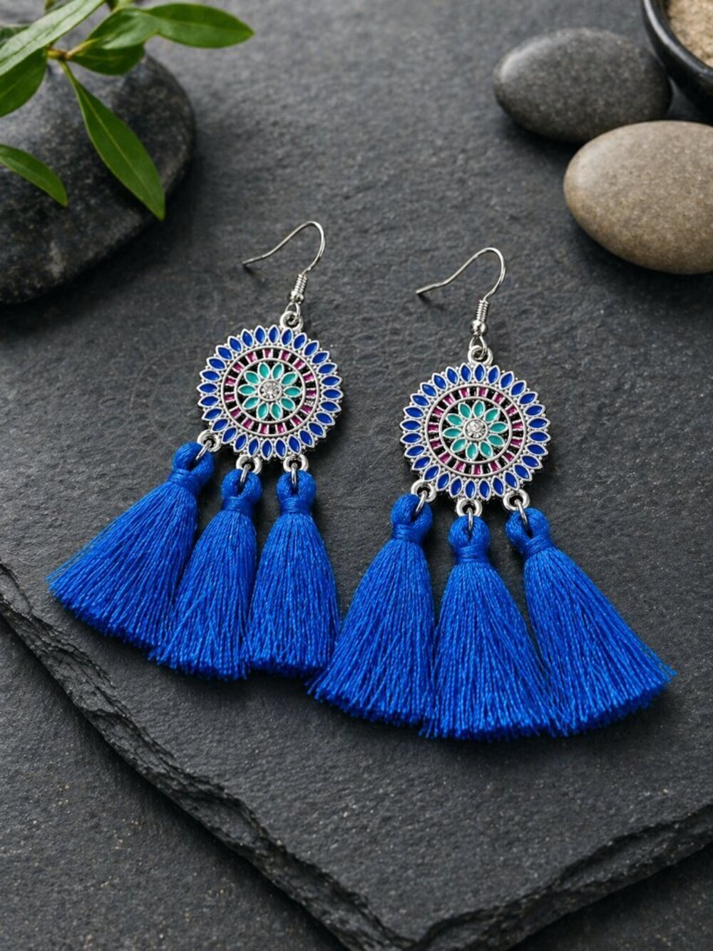 Bohemian Flower Tassel Fringe Drop Earrings Blue - Picture 6 of 6